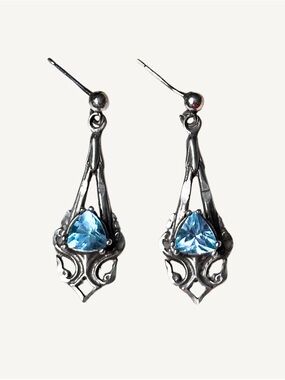 Sterling Silver 925 Natural Blue Topaz Art Nouveau Dangle Earrings Vintage